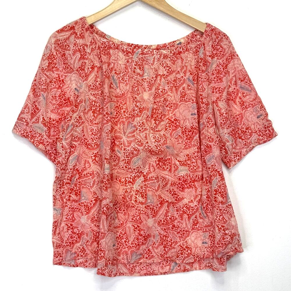 TORY BURCH Gauzy Peasant Blouse Size 8 Red Floral Paisley Cotton Summer Boho